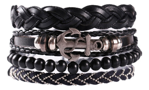 Pulseira Estilo Couro Multicamadas Proteção Tribal Rock Comprimento 26 Cm Cor Ancora Preto Diâmetro 6 Cm