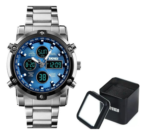 Reloj Para Hombre Skmei 1389 Digital Resistente Al Agua Color De La Correa Plateado Color De La Pantalla Azul
