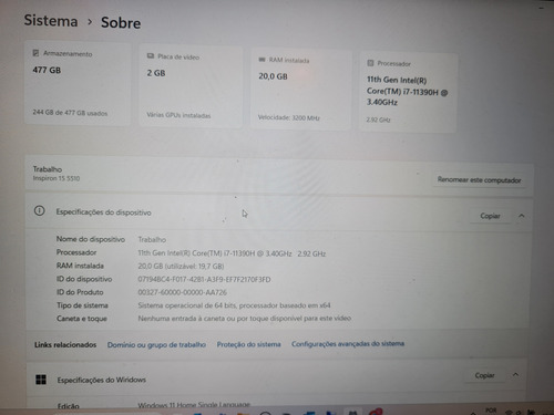 Notebook Dell Inspiron 15 5510, 20gb Ram, Ssd Nvme 500gb. Prateado (Usado)