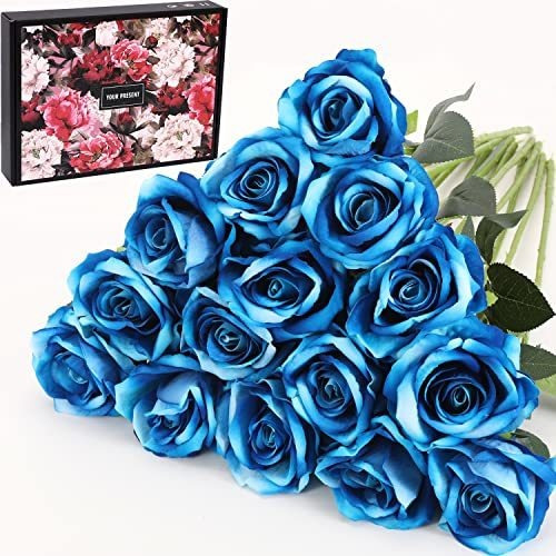 15 Rosas Artificiales Terciopelo - Azul 
