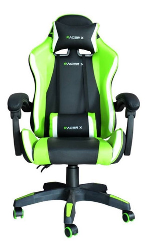 Cadeira de escritório Racer X Comfort gamer ergonômica  preta, verde e branca com estofado de couro sintético
