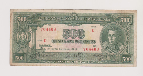Billete Bolivia 500 Bolivianos Año 1945 (143) Bueno +