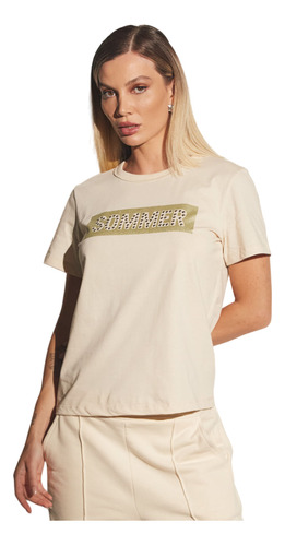 Camiseta Sommer Estampada Com Aplicação Bege Tam. G