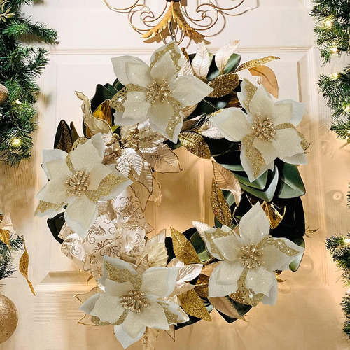 Flores De Noche Buena Artificiales Doradas Paquete De 12
