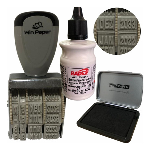 Kit Carimbo Datador Vencimento Almofada Tinta Permanente40ml