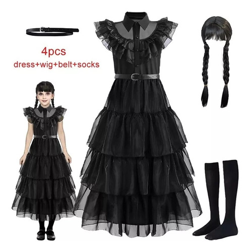Vestido De Wednesday Addams Disfraz Negro Cosplay Baile Escolar Trajes Chicas Fiesta Halloween Navidad