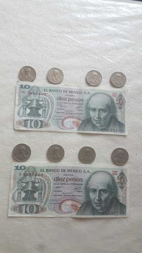 Billete Antiguo 10 Pesos Y 4 Monedas 25 Centavos  1964