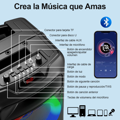 Bocina Portatil Bluetooth Audio Radio Microfono Luces Led Negro