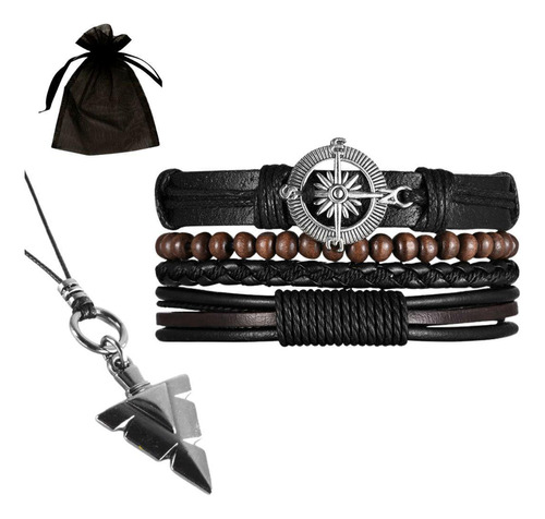 Kit Pulseiras Masculinas Couro + Colar Flecha