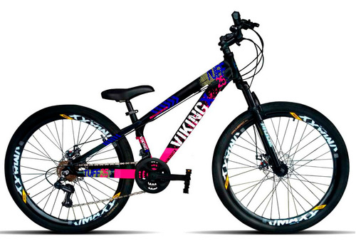 Mountain bike VikingX Tuff 25 aro 26 13" 21v freios de disco mecânico câmbios Shimano Tourney TZ31 cor preto/rosa