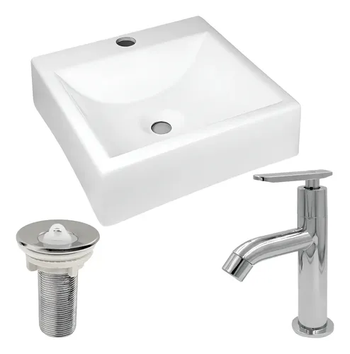 Kit Cuba Pop Quadrada Pia Branca 32x30 Torneira E Válvula Branco Brilhante