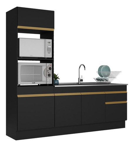 Armário De Cozinha Compacta 212cm Veneza Multimóveis V2113 Cor Preto/dourado