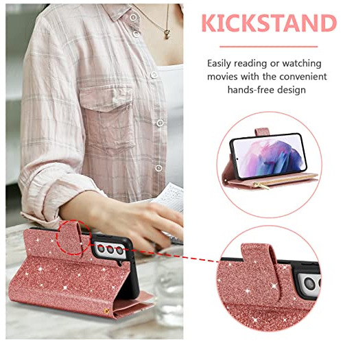 Funda Cartera Para Galaxy S21 5g Bling Rosa Dorado Glitte-02