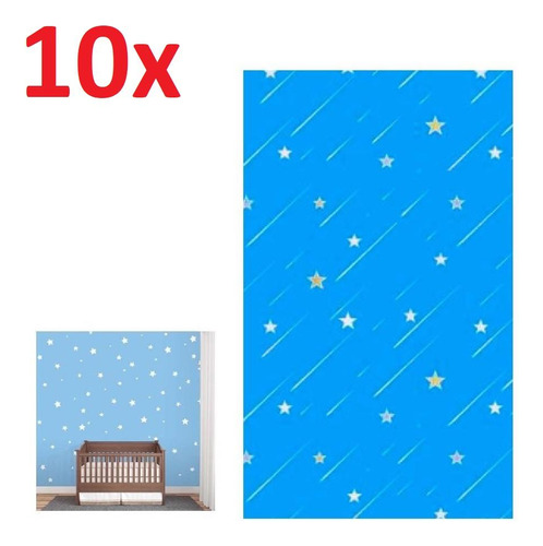 Kit 10 Rolos De Papel De Parede Adesivo Azul Com Estrelas