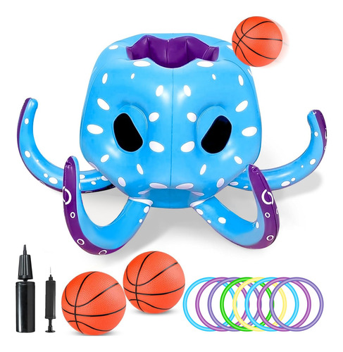 Juego De Piscina Pulpo 2 En 1, Aro Baloncesto, Anillo, 8 Ani