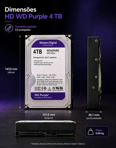 Disco Rígido Wd Purple Hd 4tb Para Cftv Wd43purz Intelbras