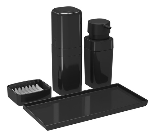 Conjunto Para Banheiro Splash Com Tampa 4 Peças Preto Brinox