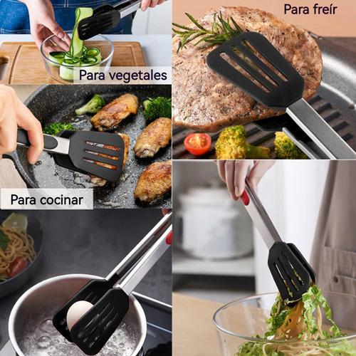 3 Pinzas De Cocina Con Espátula De Silicona Antiadherente Color Negro