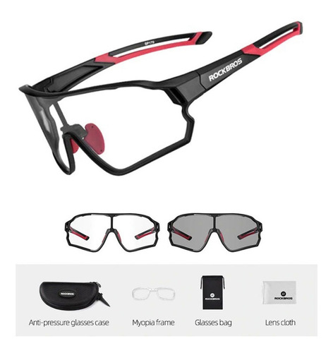Gafas de ciclismo Rockbros con lente fotocromática y montura con clip, color negro/rojo, lente fotocromática