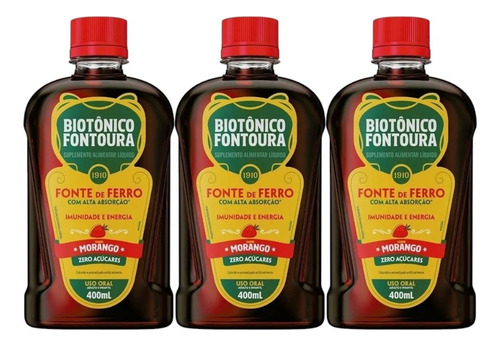 Kit Biotônico Fontoura Sabor Morango 3 Unidades 400ml Cada