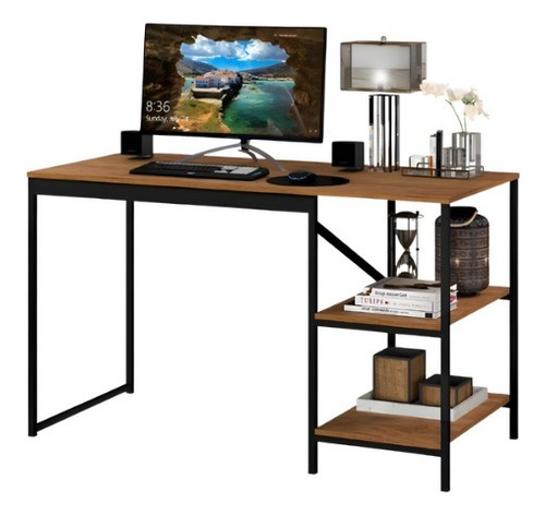 Mesa Escrivaninha Home Office Prateleiras Estilo Industrial Cor Preto/canela