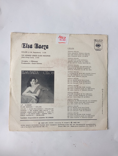 Vinilo Single De Elsa Baeza -- Celos ( N40 (Usado)