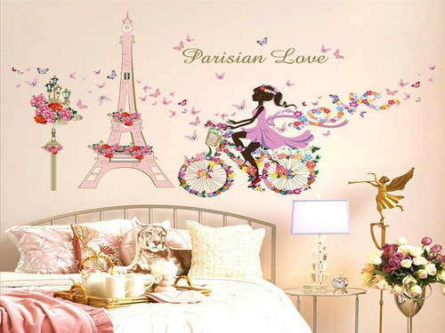 Imagen 2 de 7 de Vinilo Decor Sticker Pared - Paris Love Rosa Bici Hada Flor