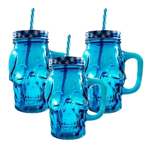3pz Tarros Calavera Vaso Frasco Vidrio Mason Jars Cerveza Color Azul