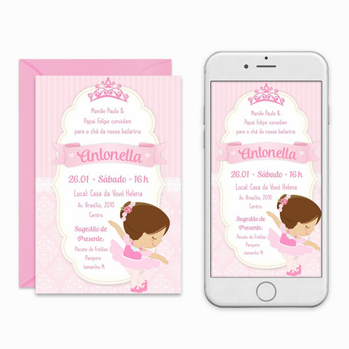 Imagem 1 de 1 de Convite Digital Bailarina Aniversário Chá De Bebê Imprimir