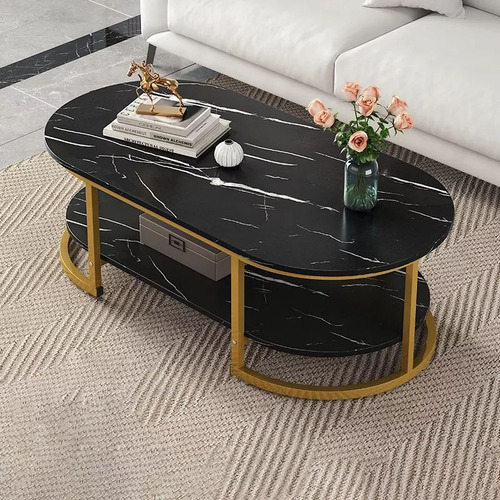 Mesa De Centro Moderno Veteado Doble Capa De Mármol Auxiliar Negro