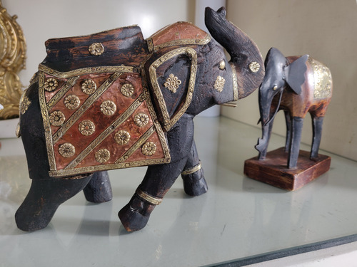 Antiguo Elefante De Madera Y Bronce Dorado (Usado)