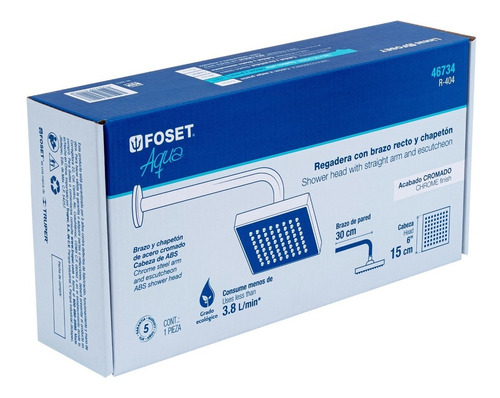 Regadera Cuadrada Abs 6' Acabado Cromo Con Brazo Foset 46734