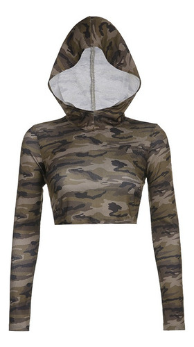 Sudadera Corta Dama Crop Top Camuflaje Verde Con Capucha