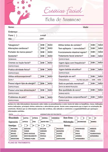 Ficha de Anamnese Facial Estética Mais Completa 100 folhas - SDS