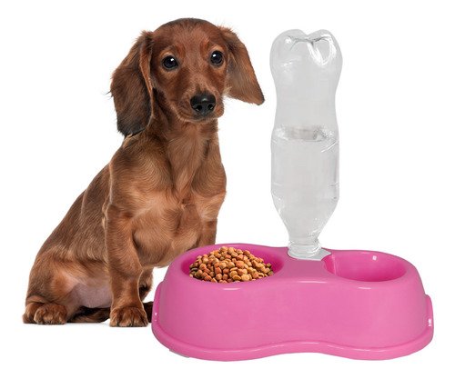 Bebedero y comedero doble para mascotas Slim Company Tazón Dispensador para agua y alimento de perros y gatos color rosa