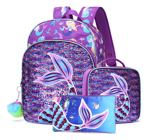 Set Mochila Escolar Ligera Violeta Con Lonchera Y Lapicera Lentejuelas De Sirena Para Niña Infantil Primaria Y Adolescente