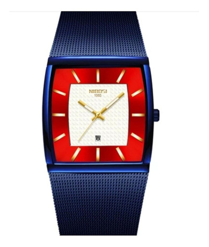 Reloj de pulsera Nibosi NI2376 de cuerpo color azul, analógico, para hombre, fondo blanco, con correa de acero inoxidable color azul, agujas color dorado y blanco, dial dorado, bisel color rojo y desplegable