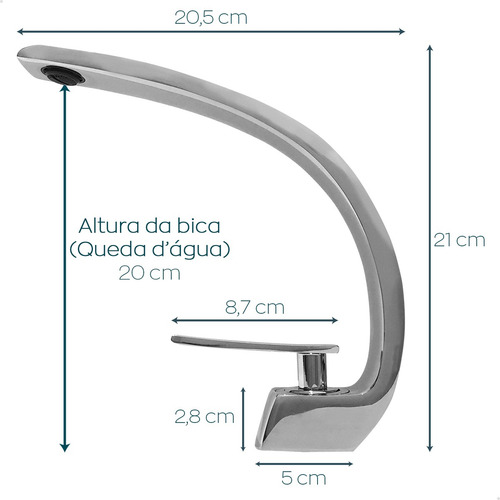 Torneira Banheiro Curvada Cascata Misturador Monocomando Metal Cromado Bancada Pia Lavabo Alto Padrão Torneira Curva Slim Bica Baixa Quente Frio Dona D.cor