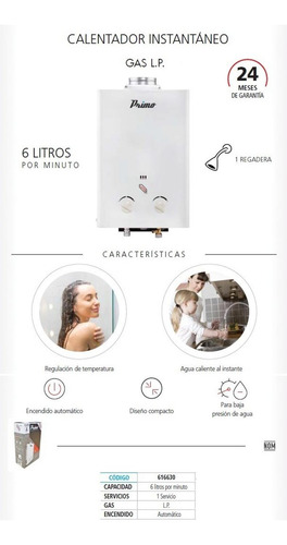 Calentador Instantáneo Iusa - Primo 6 L X Minuto Para Gas Lp