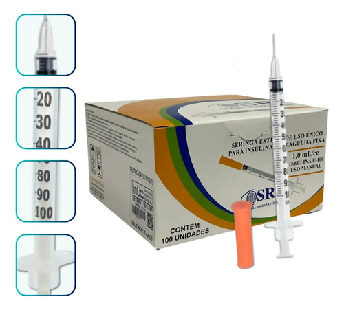 Seringa Insulina Com Agulha Fixa U-100 8mm X 0,30mm 100un Sr