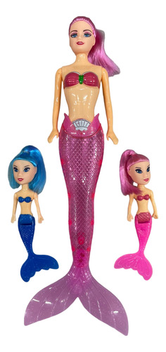 Boneca Sereia + 2 Sereia Pequena Com Luz Brinquedo Infantil