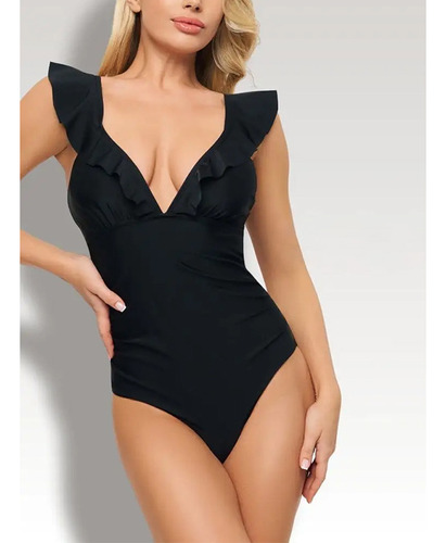 Traje De Baño De Una Sola Pieza Con Volantes, Bikini Negro C