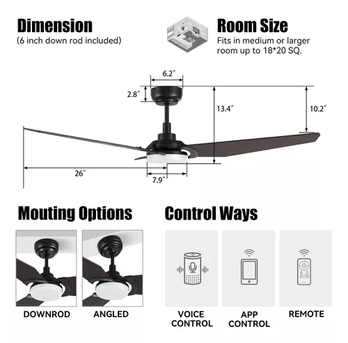 SMAAIR Ventilador de techo inteligente de 3 aspas con luz y control remoto,  funciona con aplicación/Alexa/Google Home/Siri, luz LED regulable y motor