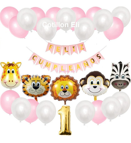 Combo Kit Cumpleaños Globos Animalitos Animales Selva Deco