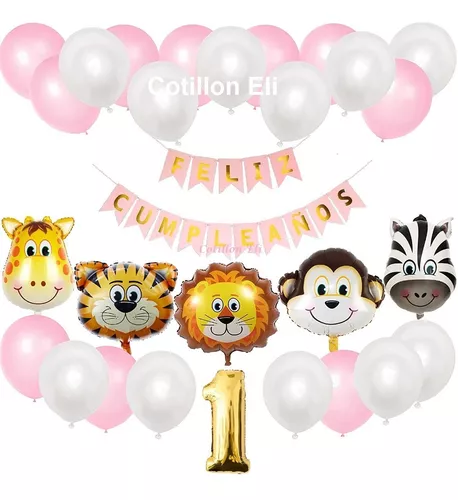 Set Deco Cumple Globos Animalitos Selva Banderin Cortina