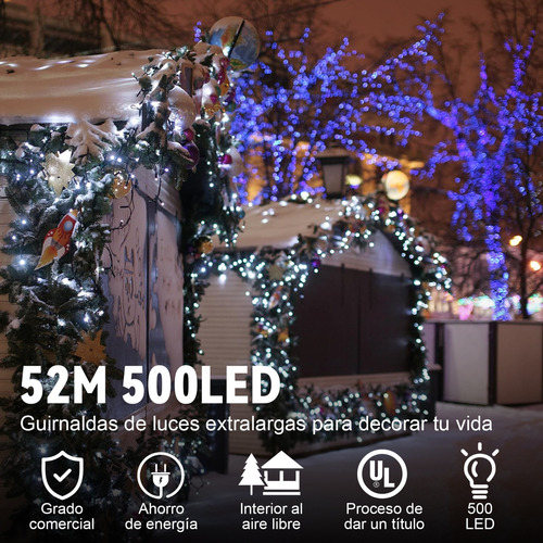 Serie Navideña Luces Solares Exteriores 52m 500 Leds 8 Modos Luces De Navidad Y Decorativas Luces Blanco