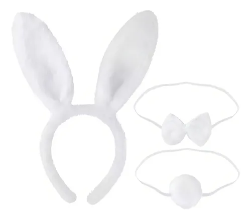 Kit Fantasia Tiara De Gatinha C/ Gravata E Rabo Festa Balada Cor Branco