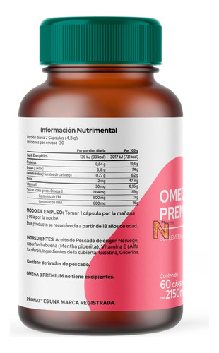 Imagen 3 de 6 de Omega 3 Premium Concentrado (60 Caps) Pronat