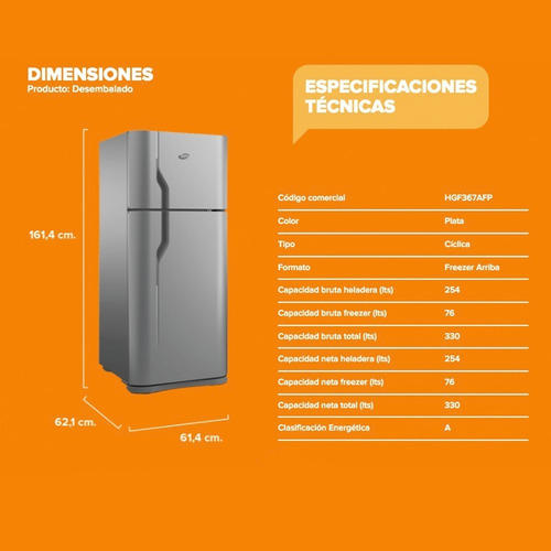 Imagen 4 de 10 de Heladera Con Freezer 330 Lts Gafa Hgf367af Gris Plata Outlet