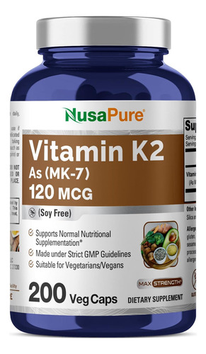 Vitamina K2 Mk7 120 Mcg Vegetariano Sin Gluten 200 Capsulas